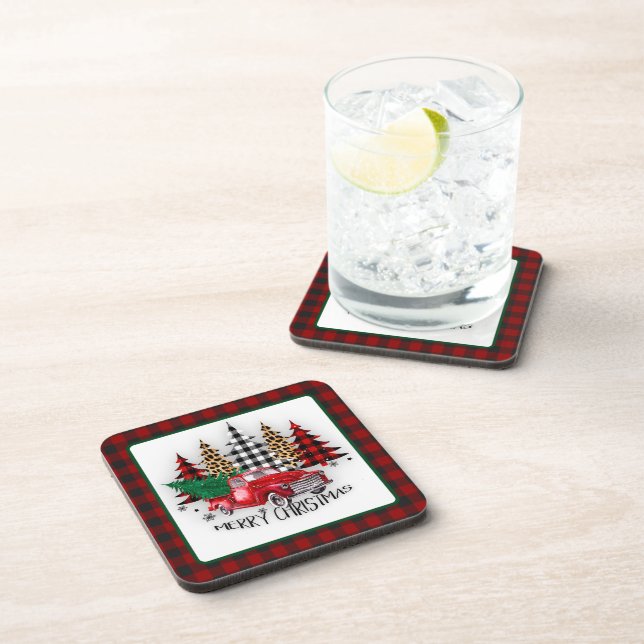 Merry Christmas truck and trees Beverage Coaster (Right Side)