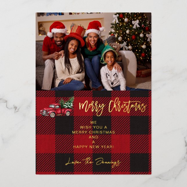 Merry Christmas Truck & Buffalo Check Photo H Foil Invitation (Front)