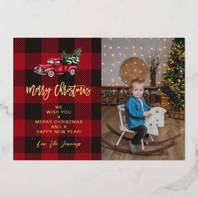 Merry Christmas Truck & Buffalo Check Photo V Foil Invitation (Front)