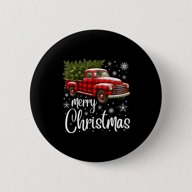 Merry Christmas Truck Buffalo Plaid Xmas Tree Men  Button (Front)