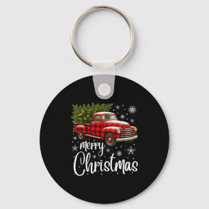 Merry Christmas Truck Buffalo Plaid Xmas Tree Men  Keychain