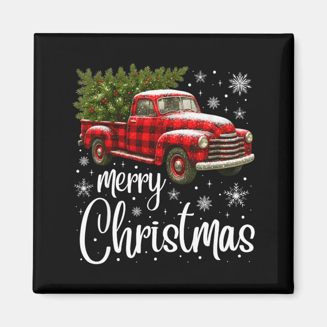 Merry Christmas Truck Buffalo Plaid Xmas Tree Men  Magnet (Front)