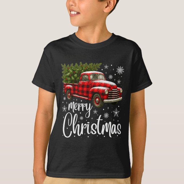 Merry Christmas Truck Buffalo Plaid Xmas Tree Men  T-Shirt (Front)
