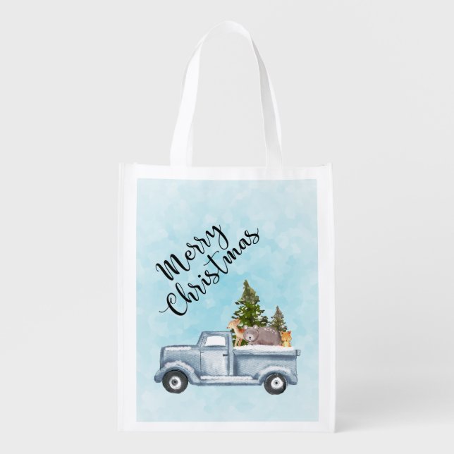 Merry Christmas Truck Carrying Trees & Animals Grocery Bag (Front)