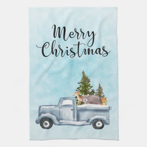 Merry  Christmas Truck Carrying Trees  Animals Kitchen Towel