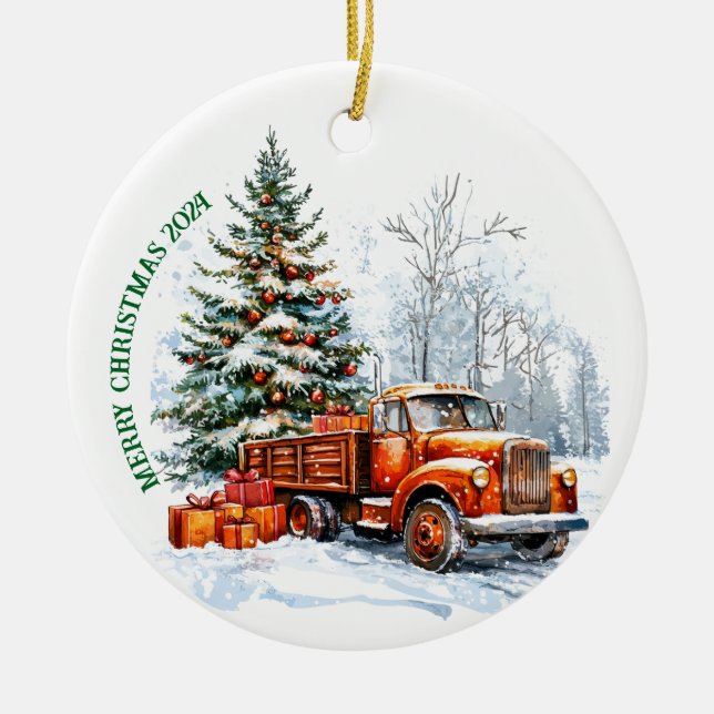 Merry Christmas truck Ceramic Ornament (Front)