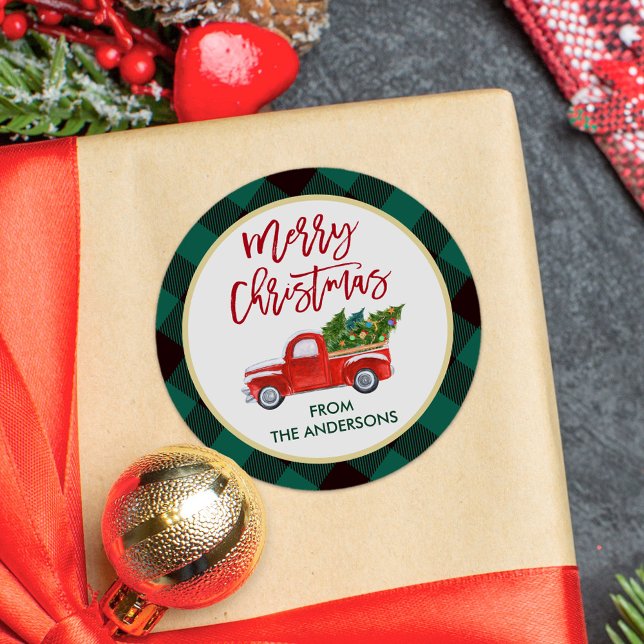 Merry Christmas Truck Green Plaid Check Classic Round Sticker (Creator Uploaded)