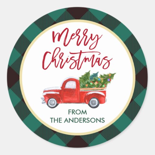 Merry Christmas Truck Green Plaid Check Classic Round Sticker