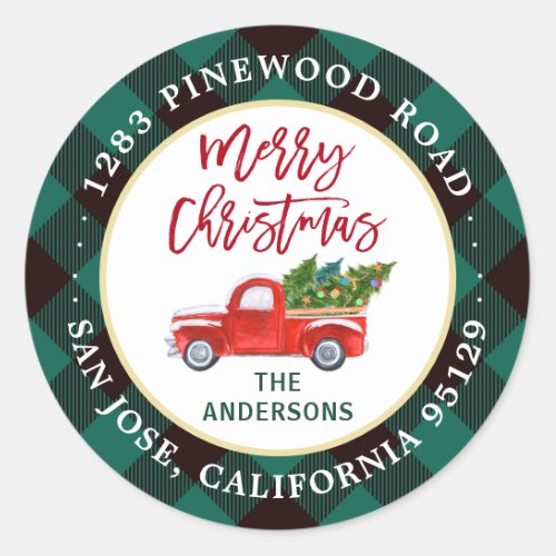 Merry Christmas Truck Green Plaid Return Address Classic Round Sticker