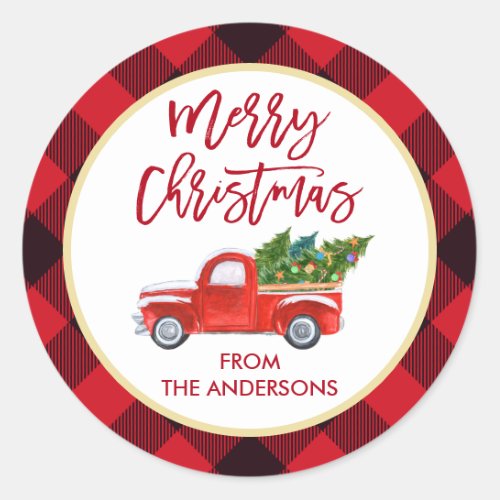 Merry Christmas Truck Red Buffalo Plaid Classic Round Sticker
