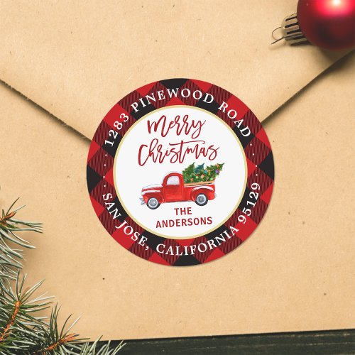 Merry Christmas Truck Red Plaid Return Address Classic Round Sticker