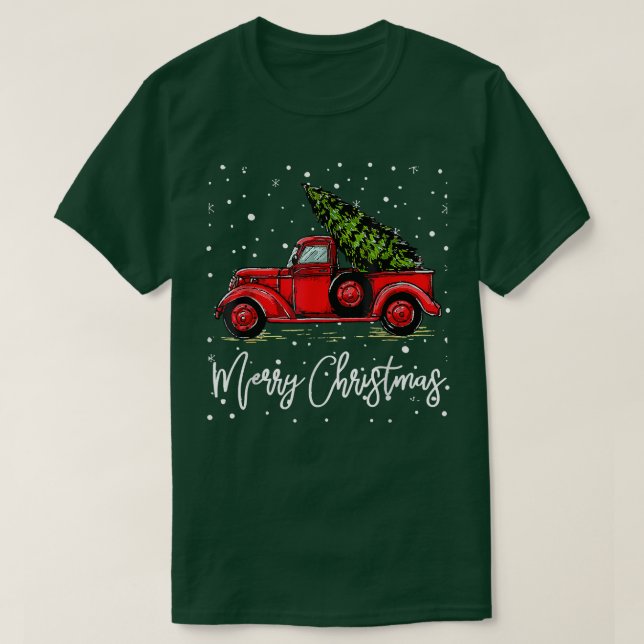 Merry Christmas Truck Red With Tree Xmas Pajama Fu T-Shirt (Design Front)