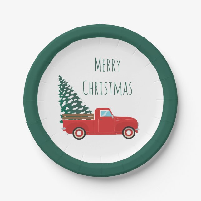 Merry Christmas Truck With Christmas Tree Red Paper Plates (Front)