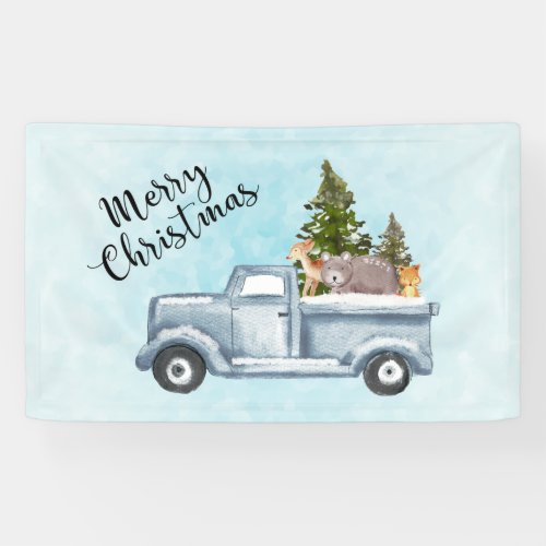 Merry Christmas Truck with Cute Animals Banner