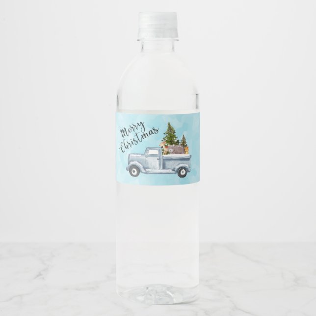 Merry  Christmas Truck with Cute Animals Water Bottle Label (Front)
