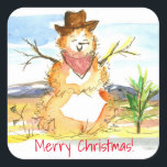 Merry Christmas Tumbleweed Snowman Square Sticker<br><div class="desc">A holiday sticker featuring two jolly tumbleweed snowmen in the winter desert with a Christmas tree in a bucket,  a horse shoe for luck,  visiting with a little bird. Illustrated with ink and watercolor.</div>