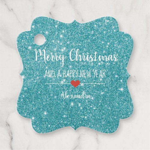 Merry Christmas turquoise glitter elegant name Favor Tags
