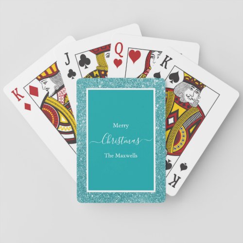 Merry Christmas turquoise glitter family name Playing Cards