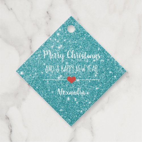 Merry Christmas turquoise glitter name Favor Tags
