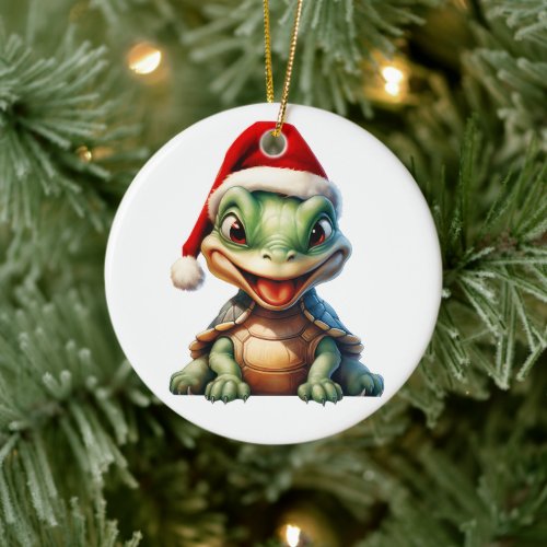 Merry Christmas Turtle in Santa Hat Cute  Ceramic Ornament