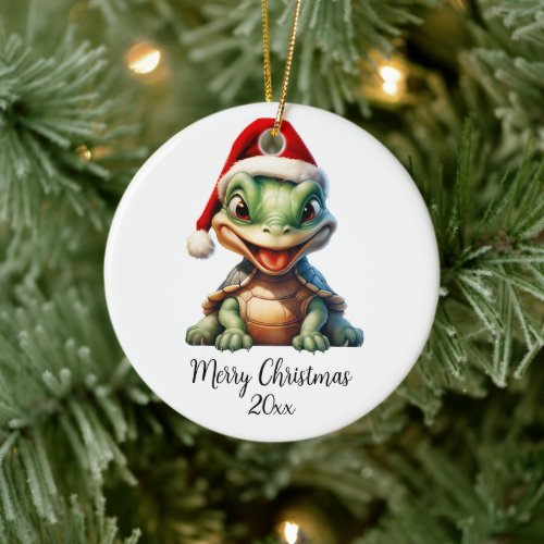 Merry Christmas Turtle in Santa Hat Cute Custom Ceramic Ornament