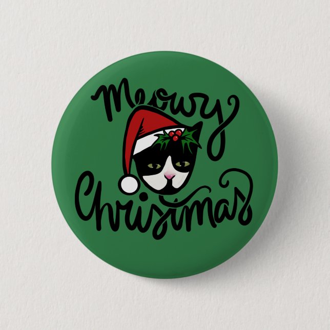 Merry Christmas Tuxedo Cat Button (Front)