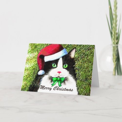 Merry Christmas Tuxedo Cat in Santa Hat Holiday Card