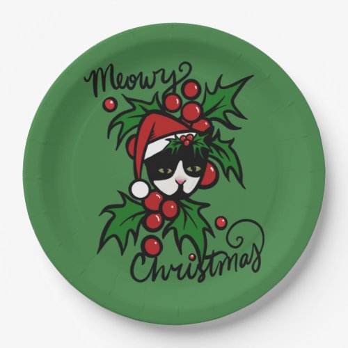 Merry Christmas Tuxedo Cat Paper Plates