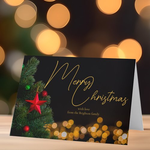 Merry Christmas Twinkling Gold Lights Custom Holiday Card