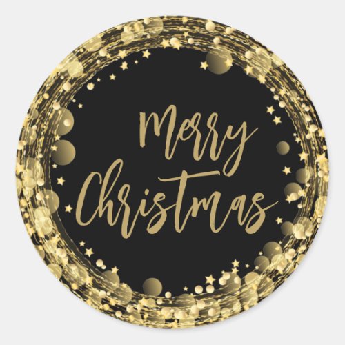 Merry Christmas Twinkling Gold Stars Classic Round Sticker