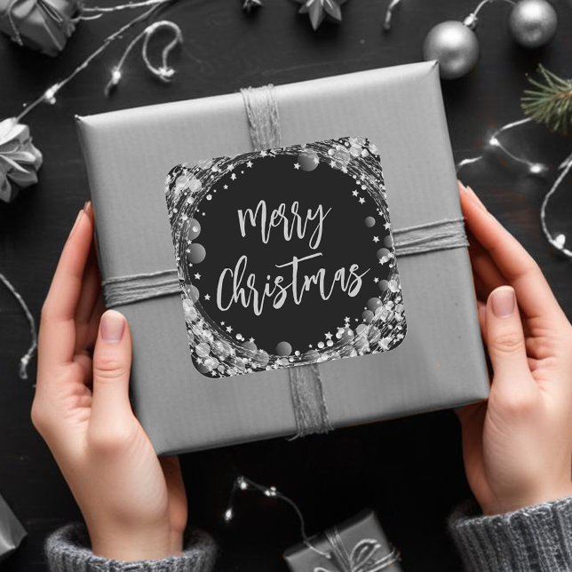 Merry Christmas Twinkling Silver Stars Square Sticker (Silver Stars Merry Christmas  Square 3" Stickers)