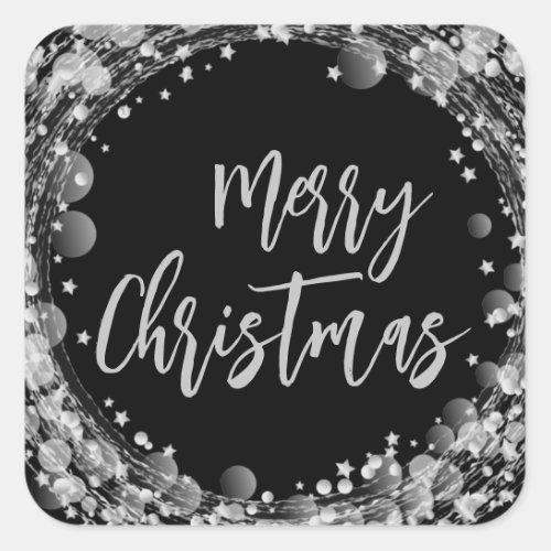 Merry Christmas Twinkling Silver Stars Square Sticker