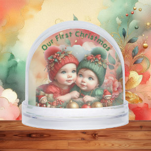 Merry Christmas Two Babies Family Photo Red Green  Snow Globe