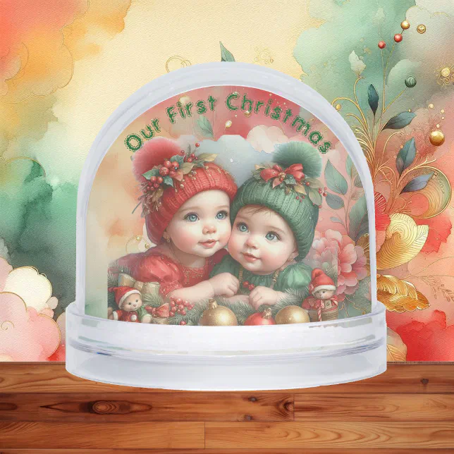 Merry Christmas Two Babies Family Photo Red Green Snow Globe | Zazzle