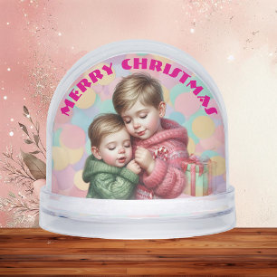 Merry Christmas Two Brothers Family Photo Pastel  Snow Globe