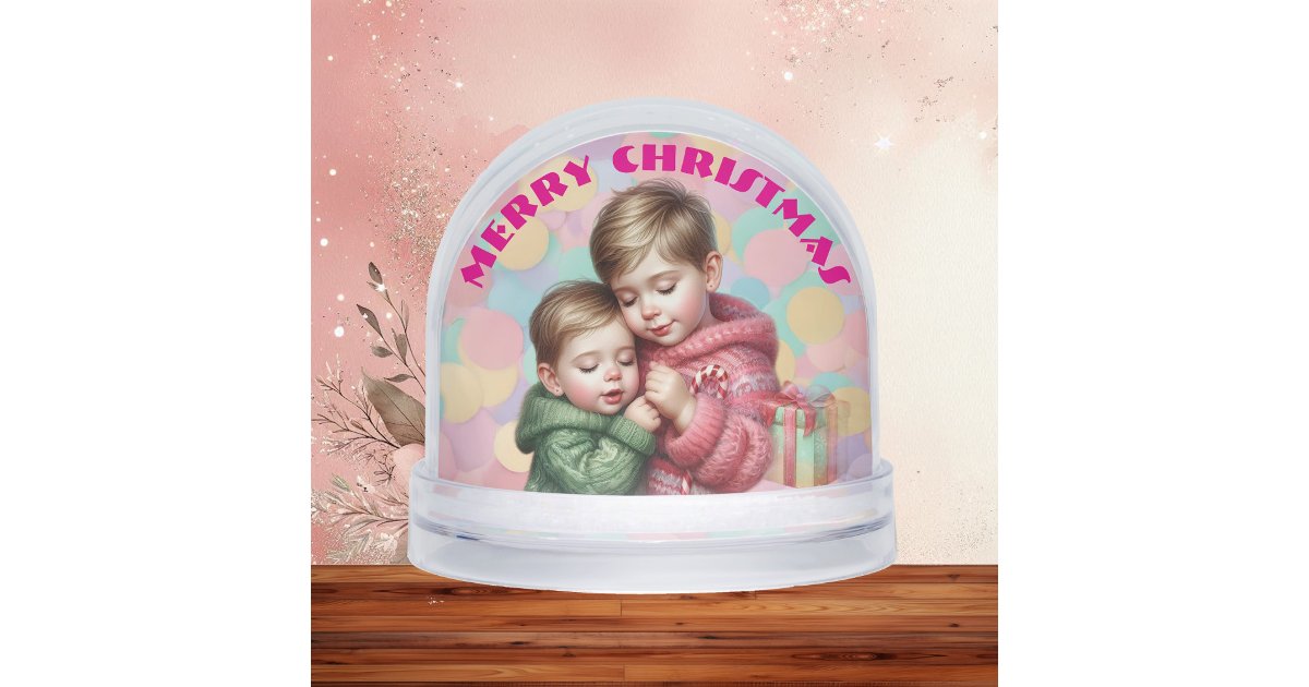 Merry Christmas Two Brothers Family Photo Pastel Snow Globe | Zazzle