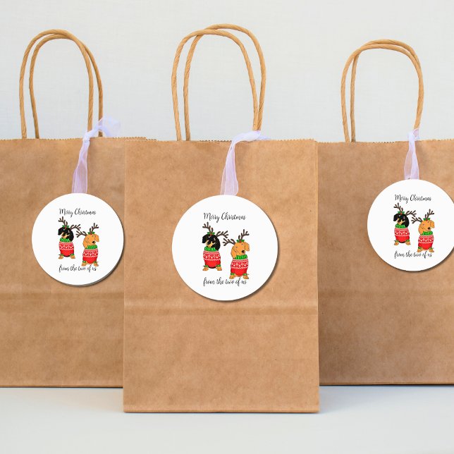 Merry Christmas Two Decked Out Dachshunds Classic Round Sticker (Cute Dog Dachshund Xmas Stickers)