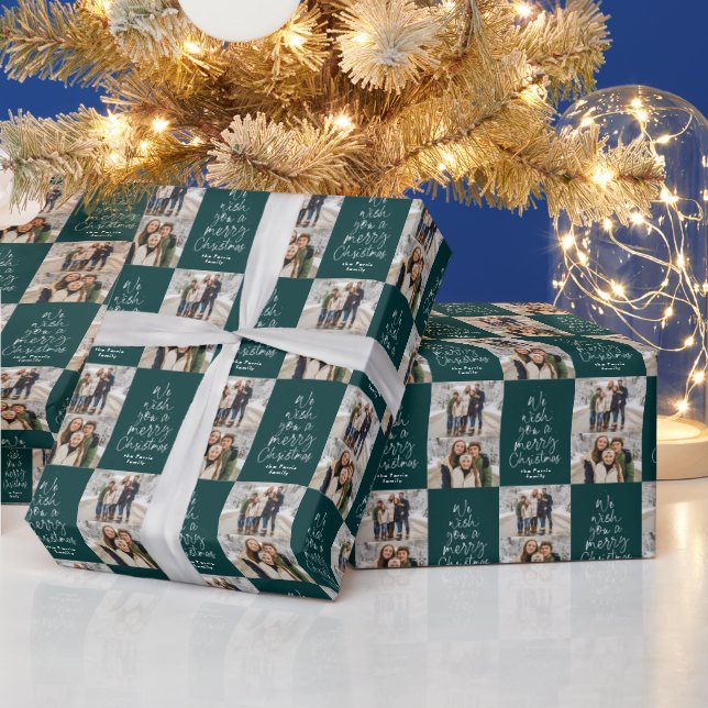 Merry Christmas two photo personalized dark green Wrapping Paper (Holidays)