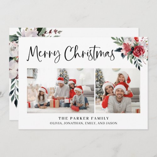 Merry Christmas  Two Photos and Watercolor Floral Holiday Card