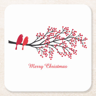Merry Christmas, two red birds on winter tree Square Paper Coaster