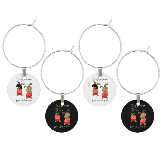 Merry Christmas Two Reindeer Dachshunds Wine Charm (Staggered)