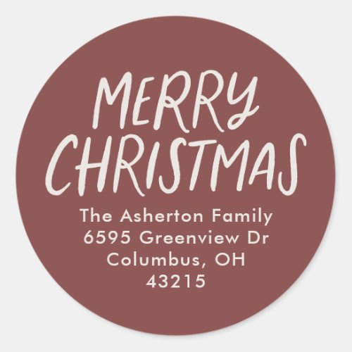 Merry Christmas type maroon simple return address Classic Round Sticker