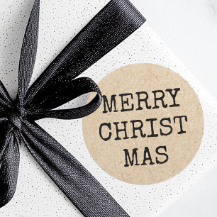 Merry Christmas typewriter typography Kraft look Classic Round Sticker