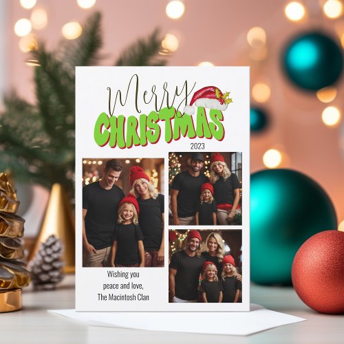 Merry Christmas Typography 3 Family Photo Collage Holiday Card