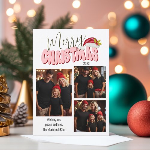 Merry Christmas Typography 3 Family Photo Festive Holiday Card