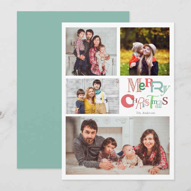 Merry Christmas Typography 4 Photo Collage Cute Invitation (Front/Back)