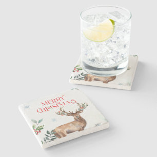 Merry Christmas Typography and Christmas deer Stone Coaster