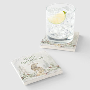 Merry Christmas Typography and Flowers with wolf Stone Coaster