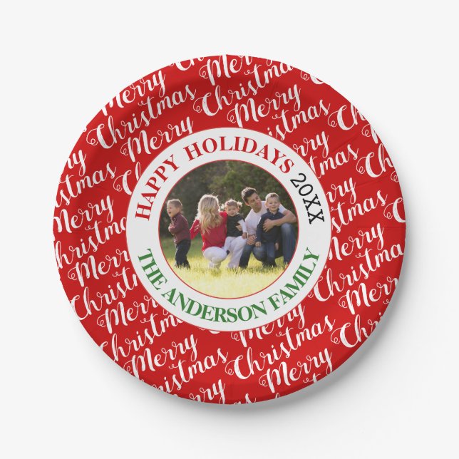 Merry Christmas typography and photo holiday Paper Plates (Front)