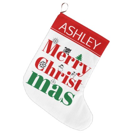 Merry Christmas typography and vintage elements Large Christmas Stocking